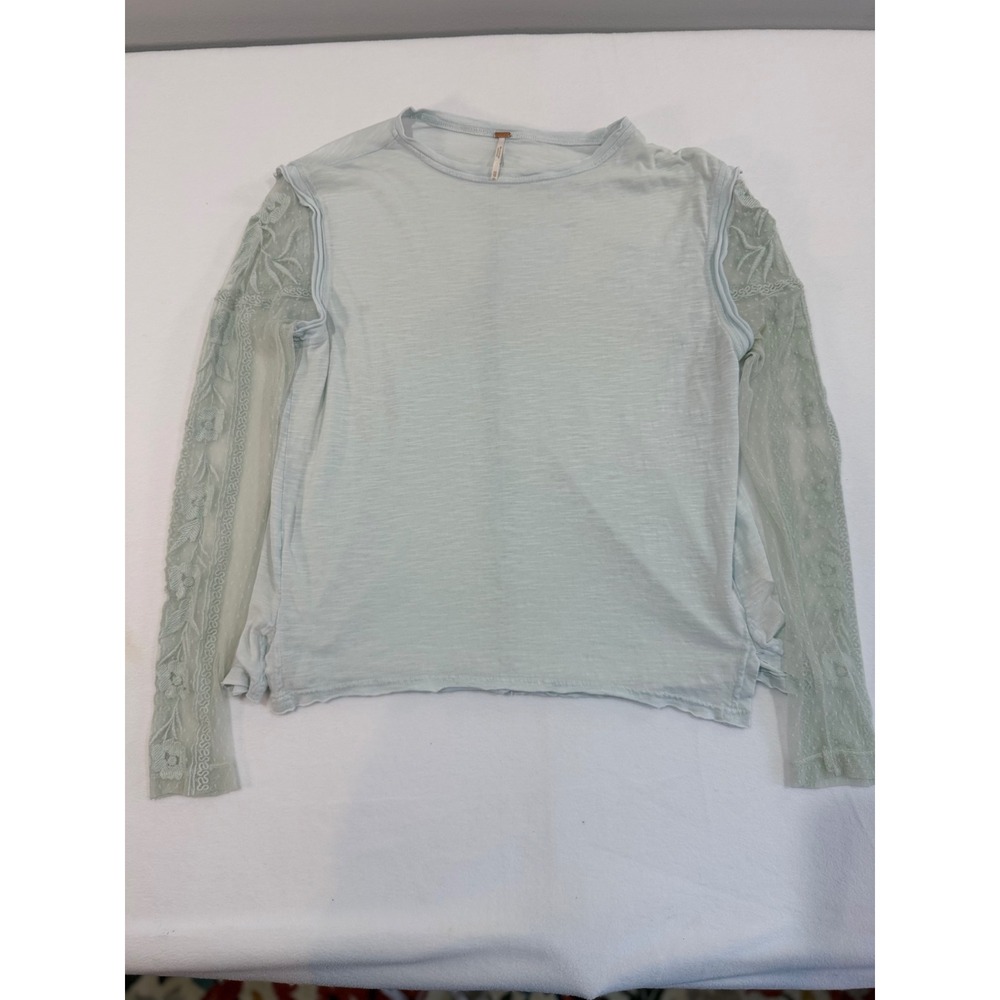 Free People Top Womens Small Blue Lace Sleeve Embroidered Boho Knit Festival